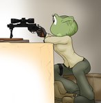 anthro breasts clothing eyelashes female fingers gloves green_body green_skin grey_background gun handgun handwear mr-73 multicolored_body multicolored_skin one_eye_closed ranged_weapon revolver scar simple_background sitting sniper solo weapon yellow_eyes sandwich-anomaly amelia_(sandwich-anomaly) amphibian frog 2020 digital_media_(artwork)