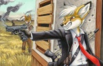 5_fingers aiming angry anthro ar-15 black_body black_fur black_nose blood blood_on_clothing bodily_fluids claws clothed clothing day dipstick_ears dress_shirt ear_markings ear_piercing field fingers fully_clothed fur grass group gun hair handgun heterochromia holding_gun holding_object holding_ranged_weapon holding_weapon holster jacket looking_aside male multicolored_ears necktie orange_body orange_fur outside outstretched_arm piercing pistol plant ranged_weapon rifle shirt short_hair sky smile smoke solo_focus standing suit teeth topwear torn_clothing walther_ppq weapon white_body white_fur white_hair zombie_apocalypse kacey averious canid canine fennec_fox fox mammal true_fox undead zombie 2013 detailed