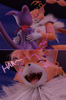 anthro areola big_breasts breasts duo female female_pred imminent_vore lidded_eyes male male/female male_prey nipples nude open_mouth pink_areola pink_nipples tongue tongue_out hiddenmask18 bandai_namco digimon digimon_(species) impmon meicrackmon meicrackmon_vicious_mode 2:3 3d_(artwork) comic digital_media_(artwork) hi_res