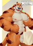 4_fingers abs anthro balls biceps black_eyes blue_nose covering covering_crotch covering_penis dialogue fingers forearm_muscles fur genitals male mascot muscular muscular_anthro muscular_male muscular_thighs navel nipples open_mouth orange_body orange_fur pec_grab pecs penis pubes quads sharp_teeth solo speech_bubble stripes teeth text towel triceps white_body white_fur yellow_sclera marius_tygo frosted_flakes kellogg's tony_the_tiger felid mammal pantherine tiger 2023 absurd_res english_text hi_res