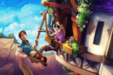 blue_eyes boots brown_body brown_fur brown_hair clothing cloud dress duo female flower footwear fur grumpy hair humor looking_at_viewer male outside plant shoes sky white_body white_fur window tsaoshin disney tangled_(disney) tardar_sauce domestic_cat felid feline felis human mammal digital_media_(artwork) digital_painting_(artwork) meme painting_(artwork)