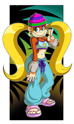 4_toes alternative_fashion amekaji anthro bare_shoulders biped blonde_hair blue_eyes brown_body brown_fur clothed clothing ear_piercing ear_ring eyeshadow feet female flower footwear fur ganguro_(fashion) gesture gyaru hair hand_gesture hat headgear headwear hoop_ear_ring j-fashion jewelry long_hair makeup midriff navel piercing pigtails plant ring_piercing sandals shoes smile solo standing toes tropical v_sign y2k_(fashion) thweatted donkey_kong_(series) nintendo tiny_kong haplorhine mammal monkey primate
