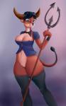 anthro behemon biped blue_eyes breasts clothed clothing demon female genitals hair hi_res holding_object horn melee_weapon navel nipples partially_clothed polearm portrait pussy skimpy solo standing three-quarter_portrait trident weapon