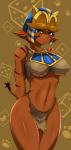 abstract_background anthro breasts brown_hair clothed clothing female green_eyes hair headdress kemono looking_at_viewer navel nipple_outline simple_background skimpy solo under_boob safurantora ankama dofus wakfu ecaflip felid mammal absurd_res hi_res