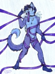 anthro bdsm blue_body blue_countershading bondage bound collar countershading fur hair male pose purple_body purple_fur purple_hair purple_ribbon ribbon_bondage ribbons solo submissive submissive_male tail tierafoxglove canid canine mammal 2007