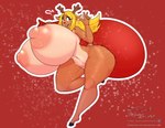 5_fingers anthro areola big_breasts blonde_hair breasts female fingers gesture hair hand_gesture holding_bag holidays hooves huge_breasts hyper hyper_breasts nipples nude open_mouth red_nose solo text v_sign thelazydreamer christmas deltarune undertale_(series) noelle_holiday deer mammal new_world_deer reindeer 2022 absurd_res hi_res url