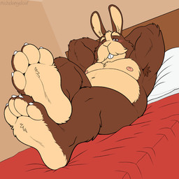 4_toes anthro armpit_hair bed blush body_hair brown_body brown_fur buckteeth facial_hair feet foot_focus fur furniture hands_behind_head looking_at_viewer lying lying_on_bed male multicolored_body multicolored_fur musclegut muscular muscular_male mustache nipples nude on_bed one_eye_closed pecs raised_arms red_eyes slightly_chubby slightly_chubby_male solo tan_body tan_fur teeth toes two_tone_body two_tone_fur michelangeloaf nintendo star_fox peppy_hare lagomorph leporid mammal rabbit signature