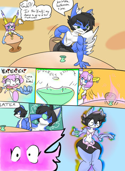 anthro clothed clothing crossdressing duo femboy feminization forced forced_feminization indirect_kiss male muscle_loss text transformation wide_hips andetheslayer nintendo pokemon canid canine eeveelution generation_6_pokemon mammal pokemon_(species) sylveon absurd_res comic english_text hi_res