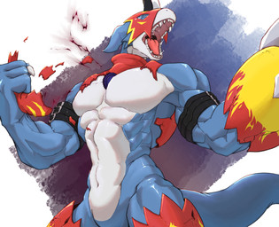 abs anthro armor belt biceps biped blue_body blue_tail bodily_fluids claws clothing corruption day detailed_background eyes_closed featureless_crotch fingers gauntlets_(weapon) headgear helmet horn horned_helmet male mask muscular muscular_anthro muscular_arms muscular_male navel null obliques open_mouth pecs saliva saliva_string sharp_teeth simple_background solo tail tears_of_pain teeth tongue tongue_out torn_clothing white_body sh1ron2 bandai_namco digimon digimon_(species) flamedramon scalie 2026 absurd_res hi_res