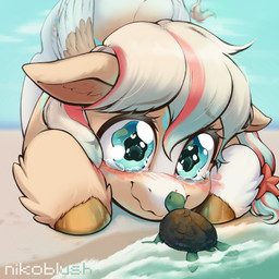 all_fours ass_up beach blonde_hair blue_eyes blush blush_lines bodily_fluids crouching cutie_mark eyebrows eyelashes eyelashes_through_hair feathered_wings feathers female feral fur gold_(metal) gold_hooves hair heart_symbol hooves inner_ear_fluff kiss_on_nose kissing raised_inner_eyebrows sand sea seafoam_(water) shell shoreline solo starfish_(accessory) tan_body tan_fur tears translucent translucent_hair tuft turtle_shell water watery_eyes wings young conditional_dnp nikoyishi hasbro my_little_pony fan_character aquatic asterozoan echinoderm equid equine horse mammal pony reptile scalie starfish turtle 1:1 2026 digital_drawing_(artwork) digital_media_(artwork) hi_res