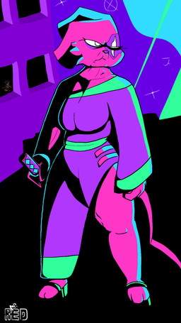 anthro big_breasts breasts bright_colors clothing collarbone eyelashes facial_scar female footwear katana looking_aside mature_anthro mature_female melee_weapon neon_lights robe robe_only sandals scar serious serious_face shoes solo standing sword thick_thighs weapon wrinkles mister_redintong katana_zero rain_world videocult artificer_(rain_world) felid mammal slugcat 9:16 hi_res