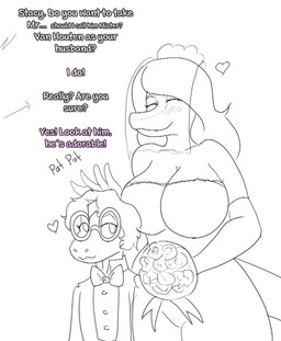 anthro armwear big_breasts black_tie_(suit) blush blush_lines bouquet breasts cleavage clothed clothing curvy_figure dialogue digit_ring dress duo elbow_gloves eyelashes eyes_closed eyewear female flower flower_bouquet glasses gloves hair handwear headpat huge_breasts jewelry long_hair long_tail male plant ring round_glasses short_hair smile snout suit tail text voluptuous voluptuous_anthro voluptuous_female wedding_dress wedding_ring wedding_veil arsenic_iii goodbye_volcano_high ko_op_(game_developer) milhouse_(gvh) stacy_(gvh) allosauroid carcharodontosaurid dilophosaurid dilophosaurus dinosaur giganotosaurus prehistoric_species reptile saurischian scalie theropod 2025 english_text hi_res monochrome sketch