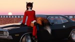 anthro car clothed clothing female pose simple_background sky solo sunset vehicle rosecreates dodge_(brand) dodge_challenger rosa_bursyoji canid canine fox mammal 16:9 3d_(artwork) 4k absurd_res blender_(artwork) digital_media_(artwork) hi_res pinup widescreen