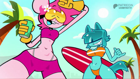 accessory anthro beverage big_breasts blue_body blue_hair blue_tongue bouncing_breasts breasts cleavage clothed clothing cloud duo eyewear female female_anthro flower flower_in_hair glasses glistening_thighs gloves goo_hair hair hair_accessory hair_over_eyes handwear hip_sway holding_beverage holding_object low-angle_view midriff music open_mouth open_smile palm_tree pink_body pink_hair plant pseudo_hair sky slim_anthro slim_female slime_tail small_waist smile smirk soda surfboard swimwear teeth tongue tree two-piece_swimsuit upper_teeth wide_hips goommymuffin sound_warning goommy_(goommymuffin) muffin_(goommymuffin) felid feline ghost mammal mouse murid murine rodent spirit 2026 2d_animation animated digital_media_(artwork) loop motion_tweening short_playtime sound video