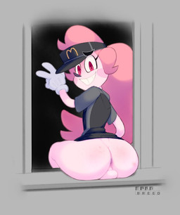 anus backsack balls black_nose blush bottomless butt clothed clothing femboy genitals gesture gloves hair hand_gesture handwear hat headgear headwear long_hair looking_back male pink_balls pink_eyes pink_hair presenting presenting_hindquarters shirt sitting smile solo topwear uniform v_sign visor_cap bluebreed mrs.mayhem humanoid 2018