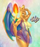 abstract_background anthro big_breasts breasts charizard dragon exposure_variation female fire flaming_tail generation_1_pokemon genitals green_eyes huge_breasts inflatable_toy innie_pussy membrane_(anatomy) membranous_wings mythological_creature mythological_scalie mythology navel nintendo nipple_dip nipples non-mammal_breasts non-mammal_nipples nude orange_body orange_skin pokemon pokemon_(species) pokemorph pose pussy scalie simple_background smile solo tail tailzkim wings