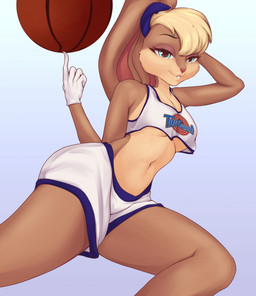 anthro ball basketball basketball_(ball) basketball_uniform biped blonde_hair blue_eyes bottomwear breasts brown_body brown_fur buckteeth clothed clothing countershade_face countershade_torso countershading eyelashes female fur gloves gradient_background hair handwear looking_at_viewer midriff navel print_clothing print_topwear shirt shorts simple_background solo sportswear tan_body tan_countershading tan_fur tank_top teeth text text_on_clothing text_on_shirt text_on_tank_top text_on_topwear topwear tune_squad_outfit tune_squad_outfit_(1996) under_boob uniform unsigned white_bottomwear white_clothing white_gloves white_handwear white_shorts white_topwear v3nusbby looney_tunes space_jam warner_brothers lola_bunny lagomorph leporid mammal rabbit digital_media_(artwork) english_text hi_res shaded
