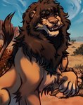 arm_tuft brown_body brown_eyes brown_fur cheek_tuft chest_tuft claws cloud detailed_background elbow_tuft eyebrows facial_tuft feral fur grass hair looking_at_viewer male mane mountain open_mouth outside pink_nose plant sky smile solo tail tail_tuft tan_body teeth tongue tree tuft whiskers yellow_body yellow_sclera kombat300 felid feline felis lion mammal pantherine digital_media_(artwork) hi_res