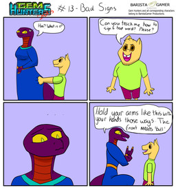 anthro cochlear_implant_processor deaf dialogue duo female keikogi kneeling male martial_arts_uniform simple_background sportswear baristagamerproductions ada_(gem_hunters) background_character equid equine horse mammal reptile scalie snake absurd_res comic hi_res sign_language