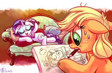 blonde_hair bodily_fluids drawing_(action) duo eyelashes eyes_closed freckles furniture green_eyes hair hooves horn lying object_in_mouth open_mouth orange_body pencil_(object) pupils purple_hair smile sofa sweat white_body whitediamonds friendship_is_magic hasbro my_little_pony mythology applejack_(mlp) rarity_(mlp) equid equine mammal mythological_creature mythological_equine unicorn 2015