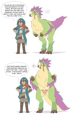 claws clothed clothing feathers feral fur green_body mount/rider_relations nude simple_background smile text white_background womb_tattoo showfran capcom monster_hunter bird_wyvern dinosaur human mammal prehistoric_species reptile scalie seikret absurd_res english_text hi_res