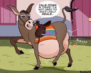 after_vore belly big_belly brown_body brown_fur duo female feral fur outside overweight speech_bubble text vore leheart asinus donkey equid equine mammal 2023 english_text hi_res