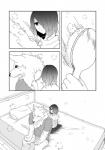 clothed clothing female fur hair hair_over_eye male one_eye_obstructed text yakantuzura lila_(kashiwagi_aki) zinovy canid canine human mammal comic greyscale japanese_text monochrome