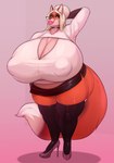 anthro big_breasts blonde_hair bottomwear breasts cleavage clothed clothing female glass grey_hair hair huge_breasts hyper hyper_breasts inverted_nipples lips mature_female miniskirt nipple_outline nipples puffy_nipples skirt solo thick_lips thick_thighs white_hair quotefox quote's_mom_(quotefox) canid canine fox mammal hi_res