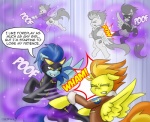 blue_body blue_feathers comic dialogue english_text equid equine feathered_wings feathers female feral fight friendship_is_magic hasbro mammal my_little_pony mythological_creature mythological_equine mythology nightshade_(mlp) pegasus pluckyninja shadowbolts_(mlp) spitfire_(mlp) text wings wonderbolts_(mlp) yellow_body yellow_feathers