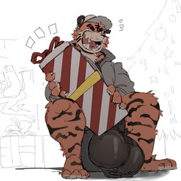 anthro balls baseball_cap big_balls big_penis big_teeth black_eyebrows black_striped_fur black_stripes box christmas_tree clothed clothing container countershade_face countershading eyebrows fur genitals gift gift_bow gift_box gift_wrapped hat headgear headwear holidays hoodie huge_balls huge_penis hyper hyper_balls hyper_genitalia hyper_penis looking_at_viewer male orange_body orange_fur partially_clothed penis plant sharp_teeth simple_background sitting smile smiling_at_viewer solo stripes teeth topwear tree white_background akachionmain christmas felid mammal pantherine tiger absurd_res character_request hi_res