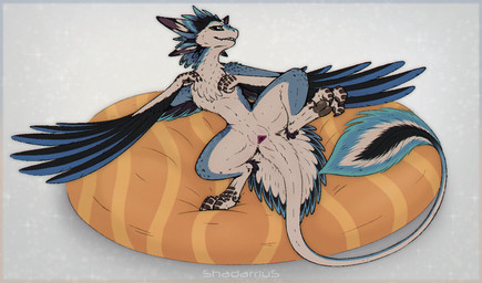 animal_genitalia anthro cloaca feathers female genitals looking_at_viewer paws pillow presenting smile solo spread_legs spreading underfluffies wings shadarrius taluki_(vixie) avali hi_res