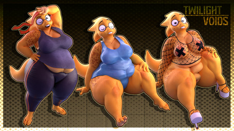 anthro armwear bandanna_on_forehead belly belly_peek belly_peeking_out big_belly black_bottomwear black_clothing black_pants blue_clothing blue_swimwear bodily_fluids bottomwear buckteeth cartoon_eyes clothing exercise_clothing eyes_closed eyewear feet female fishnet_armwear fishnet_clothing fishnet_topwear footwear freckled_face freckles glasses half-closed_eyes hand_on_forehead high_heels huge_hips huge_thighs kerchief looking_at_viewer narrowed_eyes obese one_eye_closed orange_kerchief orange_stripes overweight pants pasties pattern_background pattern_bottomwear pattern_clothing pattern_pants raised_tail round_glasses scales shoes shy simple_background sitting slightly_chubby smile solo striped_bottomwear striped_clothing striped_pants stripes sweat sweaty_clothing sweaty_face swimsuit_only swimwear tail teeth teeth_showing thick_thighs tight_bottomwear tight_clothing topwear two_tone_hands wearing_glasses wide_hips wink winking_at_viewer yellow_background yellow_body twilightv0ids twilightv0ids_(modeler) undertale undertale_(series) alphys monster scalie 16:9 3d_(artwork) 4k absurd_res blender_(artwork) blender_cycles_(artwork) digital_media_(artwork) hi_res watermark widescreen