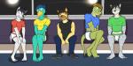 anthro briefs bulge clothed clothing crop_top embarrassed group inside_train male midriff navel public_transportation shirt tank_top topwear train underwear vehicle fuze fuzeyeen gabriel_(fuze) viktor_(fuze) avian canid canine canis felid feline hyena lynx mammal scalie spotted_hyena wolf 2:1 hi_res