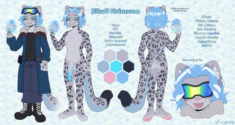 anthro balls big_penis black_boots black_clothing black_footwear black_shirt black_topwear blue_clothing blue_eyes blue_hair blue_jacket blue_nails blue_penis blue_tail blue_topwear boots clothing colored_nails elemental_manipulation eyewear eyewear_on_head footwear genitals goggles goggles_on_head grin hair huge_penis ice ice_hair ice_manipulation jacket male nails nude nude_anthro nude_male penis pink_nose shirt shoes ski_goggles smile solo tail text tongue tongue_out topwear fiuefey jokull_(iceboundsnep) felid mammal pantherine snow_leopard absurd_res character_name english_text hi_res model_sheet
