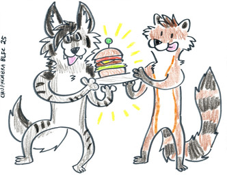 anthro burger crayon duo food male marker platter tongue tongue_out chupakaibra klondike_(bendo) marmalade_(dotstream) canid canine canis hybrid mammal mustelid musteline procyonid raccoon staccoon stoat true_musteline weasel wolf 2025 absurd_res hi_res traditional_media_(artwork)