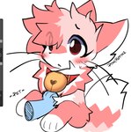 ambiguous_gender anthro art_program_in_frame bell bell_collar belly_rub blush bodily_fluids collar disembodied_hand fur gloves_(marking) hair hand_on_chest handpaw kemono markings neck_tuft nervous paws petting pink_body pink_ears pink_fur pink_tail red_collar red_eyes semi-anthro simple_background solo sweat tail translucent translucent_hair tuft whiskers white_background white_body white_fur white_hands white_inner_ear white_tail pinkpoffinz puffi_(pinkpoffinz) canid canine domestic_cat felid feline felis fox hybrid mammal 2023 digital_media_(artwork) hi_res pink_theme male_(lore)