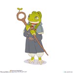 1:1 alternate_species amphibian anthro clothing delicious_in_dungeon english_text female frog green_body green_eyes hi_res magician marcille_donato robe solo staff text the_gentle_giant url