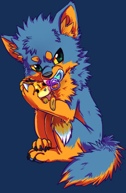 blue_body blue_fur chibi claws feral fur green_eyes holding_object inner_ear_fluff looking_at_viewer male orange_body orange_fur orange_sclera pacifier plushie simple_background sitting solo tail transparent_background tuft young young_feral young_male skeleion ash_fox_(skeleion) toby_wolfkat canid canine canis mammal wolf alpha_channel digital_media_(artwork)