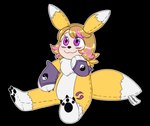 anthro blonde_hair clothing female fur gloves hair handwear inanimate_transformation markings pawpads paws pink_eyes plushie solo stitch_(sewing) stuffing transformation white_body white_fur yellow_body yellow_fur sourmagic bandai_namco digimon rena canid canine digimon_(species) fox mammal renamon alpha_channel