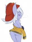 breasts butt clothing eyes_closed female hair hat headgear headwear nipples not_furry purple_nipples short_stack simple_background solo undressing white_background white_hair bandlebro league_of_legends riot_games tencent tristana_(lol) humanoid yordle 2016 hi_res