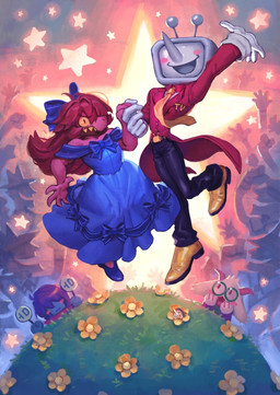 anthro blue_clothing blue_dress blue_hair clothing dress electronics eyewear female for_a_head glasses group hair happy looking_at_another machine male pose purple_body purple_hair red_clothing red_shirt red_topwear screen screen_face shirt television topwear yellow_sclera starcatbloom deltarune undertale_(series) kris_dreemurr ralsei spamton_g._spamton susie_(deltarune) tenna_(deltarune) bovid caprine darkner goat human living_machine mammal object_head scalie screen_head tv_head 2025 detailed digital_drawing_(artwork) digital_media_(artwork) hi_res