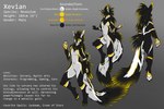 anthro bioluminescence black_body feathers fur glowing gold_markings male markings pawpads solo stripes text white_body white_fur white_pawpads white_stripes yellow_body yellow_eyes yellow_feathers yellow_fur angiewolf ascended_xevian xevian_(xevianlight) rexouium 3:2 absurd_res english_text hi_res model_sheet