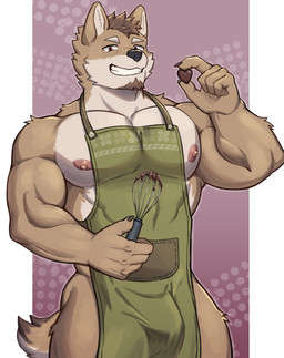 5_fingers anthro apron apron_only areola barazoku beard biped black_nose brown_beard brown_facial_hair brown_tail_tip bulge candy cheek_tuft chocolate claws clothed clothed_anthro clothed_male clothing dessert dipstick_tail eyebrows facial_hair facial_tuft finger_claws fingers food fur glistening glistening_eyes holding_candy holding_chocolate holding_food holding_object looking_at_viewer male male_anthro markings multicolored_body multicolored_fur multicolored_tail muscular muscular_anthro muscular_male nipples orange_body orange_fur orange_tail pecs red_eyes smile smiling_at_viewer solo tail tail_markings tan_body tan_fur tan_tail teeth tuft norakemo777 canid canine mammal 2025 absurd_res digital_media_(artwork) hi_res