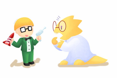 anthro blonde_hair blowtie duo eyewear female glasses hair male rectangular_glasses rocket simple_background white_background unknown_artist earthbound_(series) nintendo undertale undertale_(series) alphys jeff_(earthbound) lizard reptile scalie 2015 crossover