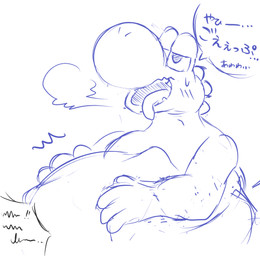 4_fingers ambiguous_anthro ambiguous_gender ambiguous_pred anthro anthro_pred belly big_belly big_nose biped black_text bloated blue_text blush blush_lines bodily_fluids breath cheek_blush cloud_emanata dialogue emanata exclamation_point fingers fully_inside half-closed_eyes hand_on_belly hand_on_own_belly hanging_tongue head_ridge huge_belly monotone_background narrowed_eyes open_mouth open_smile oral_vore round_nose same_size_vore satisfied_look semi-anthro simple_background smile soft_vore solo speech_bubble sweat sweatdrop text tongue tongue_out unseen_prey vore white_background sabamiso_(sabamasasix) mario_bros nintendo dinosaur prehistoric_species reptile scalie yoshi 2022 digital_drawing_(artwork) digital_media_(artwork) hi_res japanese_description japanese_text translation_request