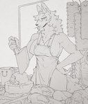 5_fingers anthro apron apron_only areola biped breasts claws clothing female fingers food fur knife meat nipples solo tail luxury_gin canid canine canis mammal wolf hi_res monochrome