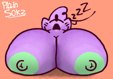 anthro big_breasts breasts female fur green_nipples head_tuft huge_breasts hyper hyper_breasts looking_up nipples nude open_mouth orange_background purple_body purple_fur simple_background sleeping solo sound_effects toony tuft vowelless vowelless_sound_effect zzz plainsokz salid digital_media_(artwork)