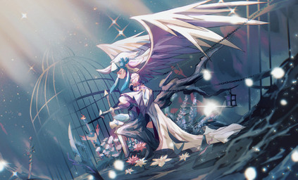accessory anamorphic_lens_flare anthro birdcage blue_rose bodily_fluids bound branch broken_weapon chain chained cheek_tuft clothing crying detailed_background dress dutch_angle facial_tuft feathered_wings feathers female female_anthro fire_sword flower flower_in_hair gown hair hair_accessory lamp lantern light light_beam melee_weapon on_branch particles pink_flower plant planted_weapon rapier rose_(flower) sad shackled_ankles shackled_wrists side_view sitting solo sparkles spread_wings sunbeam sunlight sword sword_in_ground tears tuft weapon white_body white_clothing white_dress white_feathers white_flower wings zdx nintendo pokemon della_(zdx) angel eeveelution generation_4_pokemon glaceon pokemon_(species) 2025 absurd_res full-length_portrait hi_res portrait