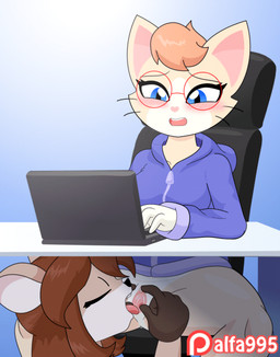 5_fingers anthro bite biting_lip biting_own_lip black_nose blue_eyes blush bottomless breasts brown_body brown_fur brown_hair chair clitoral clitoral_rubbing clitoris clothed clothing computer cunnilingus duo electronics eyebrows eyelashes eyes_closed eyewear female female/female fingers fur furniture genitals glasses hair hobo_(typeface) hoodie interspecies laptop licking long_hair moan open_mouth oral self_bite sex simple_background sitting spread_legs spread_vulva spreading sweater tan_body tan_fur teeth thick_thighs tongue tongue_out topwear under_table vaginal vulva whiskers white_body white_fur zipper alfa995 doe_(alfa995) queen_(alfa995) deer domestic_cat felid feline felis mammal 2017 2d_animation animated loop motion_tweening