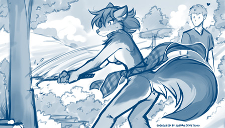 anthro axe biped bodily_fluids breasts butt casual_nudity clothed clothed_human clothed_male clothing cutting_tree duo featureless_breasts female fingers front_view fur hair heart_symbol holding_axe holding_object male nude nude_anthro nude_female outside plant public public_nudity rear_view shirt smile standing sweat tail text tied_shirt topwear tree conditional_dnp tom_fischbach twokinds cassidy_(twokinds) canid canine canis human keidran mammal wolf 2026 7:4 blue_and_white digital_drawing_(artwork) digital_media_(artwork) english_text hi_res monochrome sketch